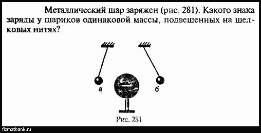 Металлический шар заряжен положительно. Металлический шар заряжен (рис. 281). Заряженные шарики подвешенные на шелковых нитях. Металлический шарик подвешенный на нитке. Какого знака заряды шаров.