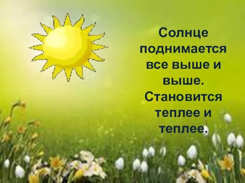 Солнце поднимается. Весной солнце поднимается выше. Солнце теплее. Дни солнца.