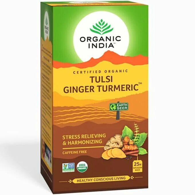 Чай туласи купить. Чай Тулси Органик имбирь Индия. Тулси Органик чай. Индийский чай Тулси. Organic India Tulsi Ginger Turmeric Tea.