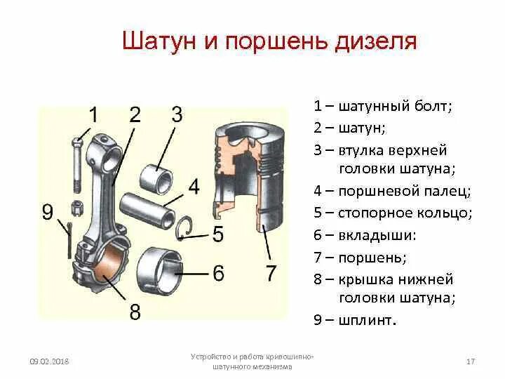 Детали поршневой группы. Поршень дизельного двигателя конструкция. Поршень дизельного двигателя схема. Шатун двигателя устройство. КШМ шатун схема.