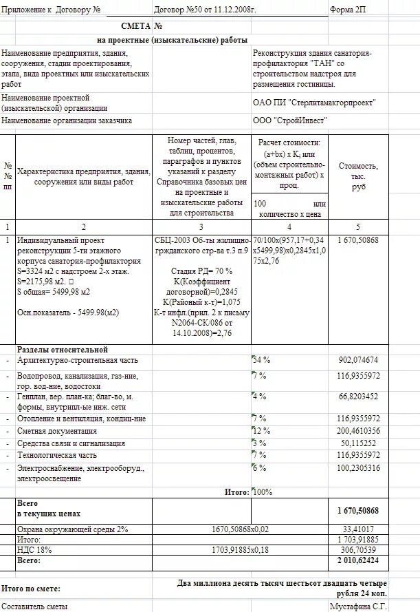 Проектная смета образец