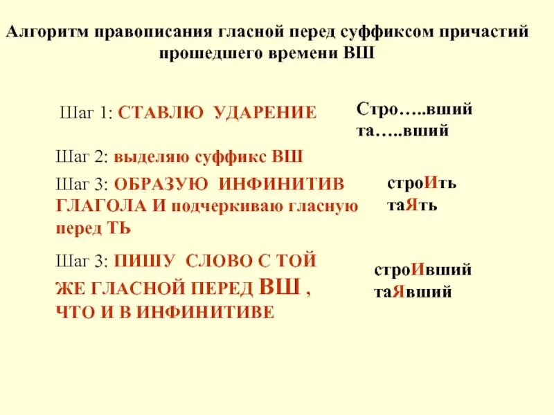 Слова с суффиксом вш причастие. Гласная перед суффиксом причастия прошедшего времени. Гласные в причастиях прошедшего времени перед суффиксами -НН- -Н- -ВШ-. Правописание гласных перед суффиксами причастий ВШ. Правописание гласных перед суффиксом в действительных причастиях.