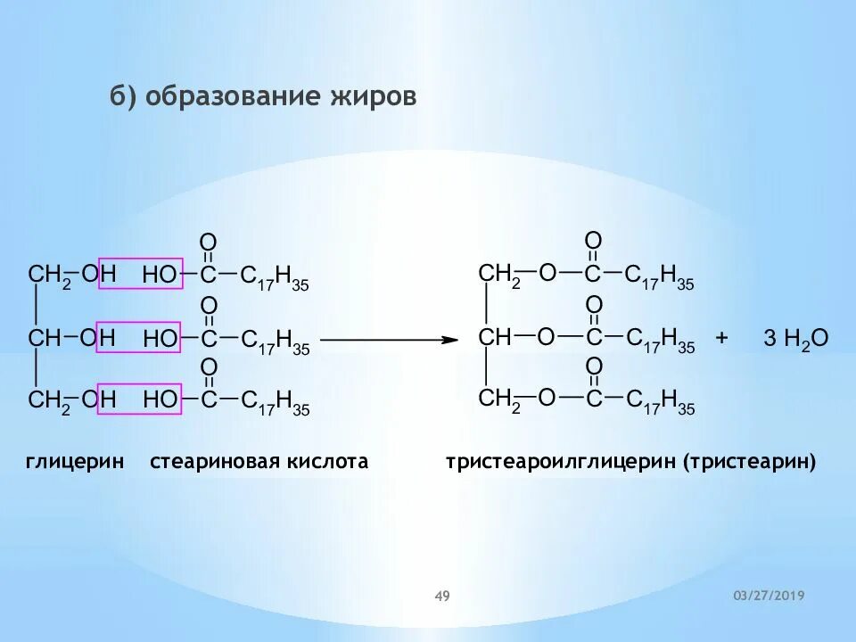 Глицерин триглицерид стеариновой кислоты. Образование жира из глицерина и стеариновой кислоты. Глицерин и стеариновая кислота реакция. Реакция получения жира из стеариновой кислоты. Синтез жиров из пальмитиновой кислоты и глицерина.