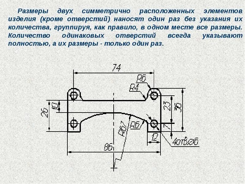 Количество деталей в изделии. Простановка размеров на симметричной детали. Нанесение размеров на симметричных деталях. Симметричность отверстий на чертеже. Симметричные отверстия на чертеже.