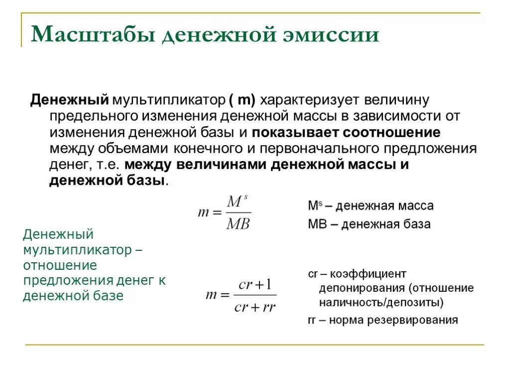 Условия денежной эмиссии. Денежная база и денежная масса денежный мультипликатор. Денежная масса формула через мультипликатор. Формула мультипликатора денежной массы. Определение денежной массы и денежной базы формулы.