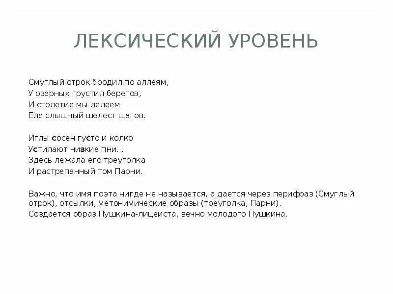 Лексический уровень языка. Иглы сосен густо и колко. Низкий уровень лексики. Иглы сосен густо и колко устилают низкие пни синтаксический. Смуглый отрок анализ