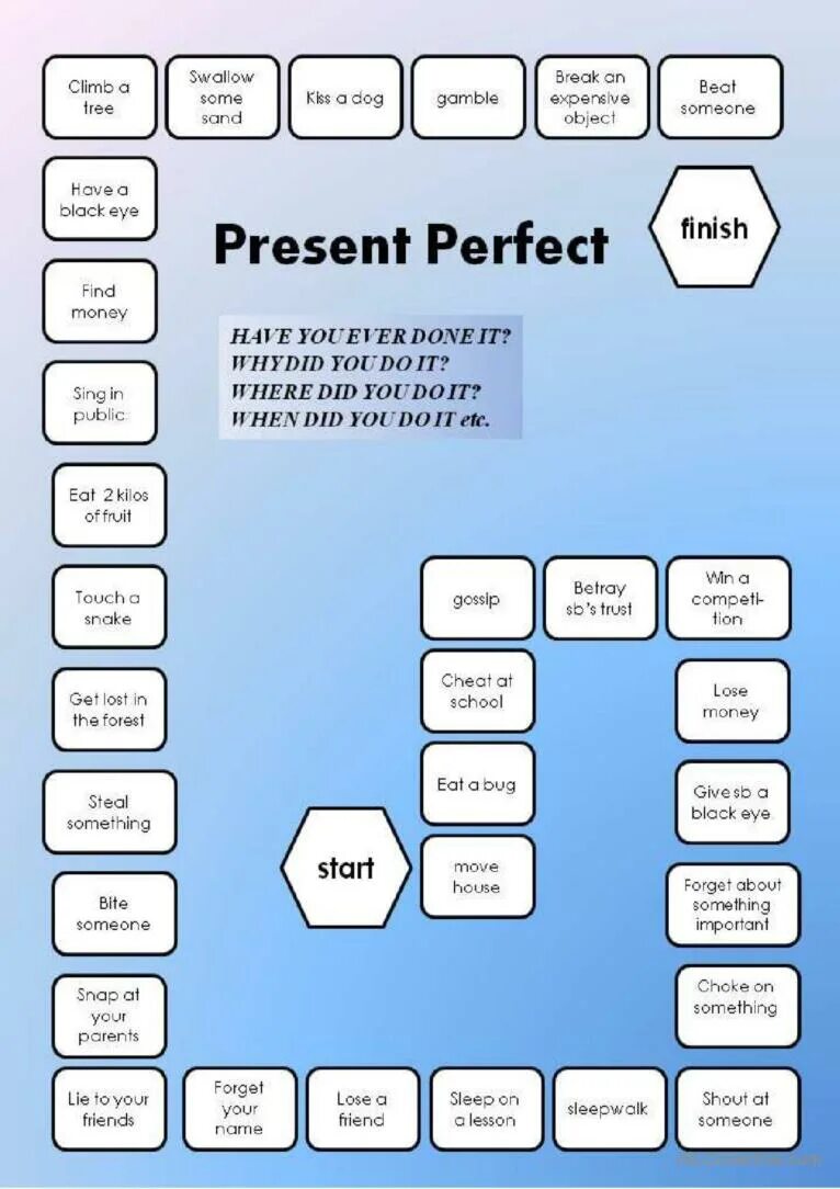 Have your parents ever. Игры на present perfect. Present perfect past simple boardgame. Present perfect vs past simple boardgame. Настольная игра present perfect.