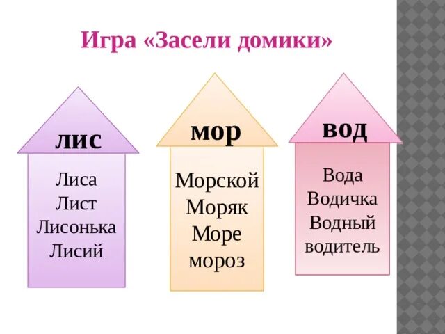 Лиса лист однокоренные слова. Игра засели домик. игра засели домики лиса морской вода. засели слова в домики. лисонька суффикс.
