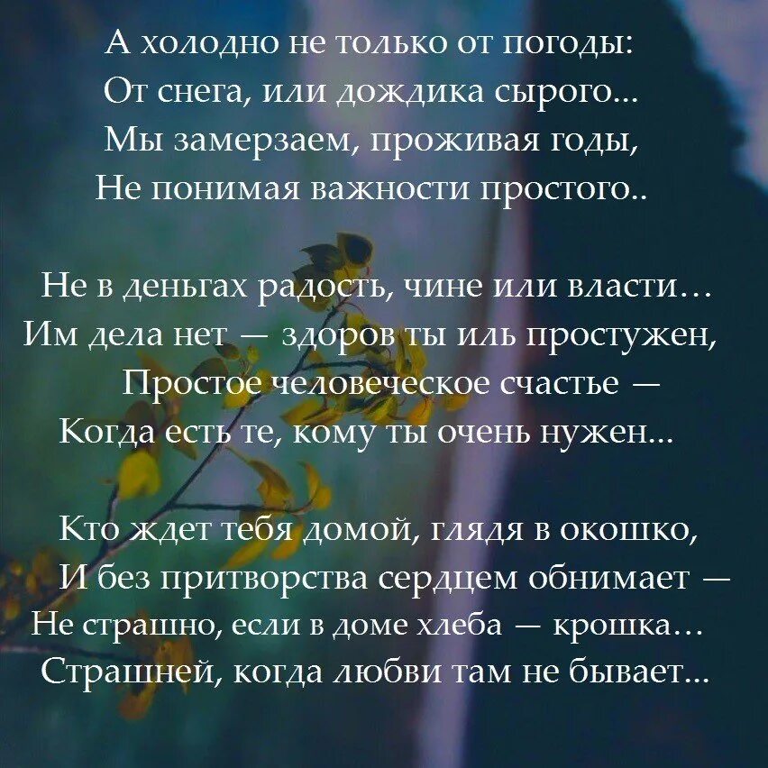 Насколько важно понять. А холодно не только от погоды стихи. Ни в деньгах счастье сти. Не в деньгах радость чине. Не в деньгах счастье стихи.