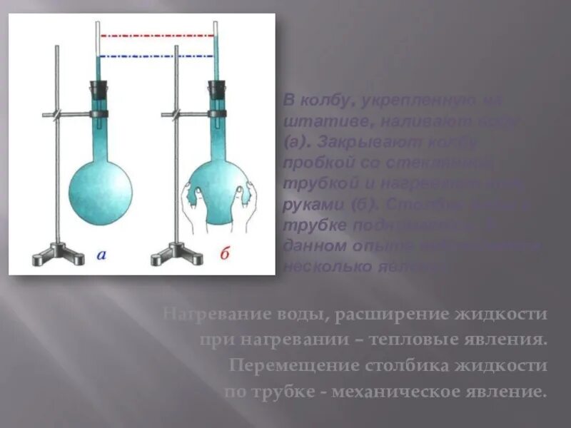 Колба трубка стеклянная для опытов. Расширение воды в колбе при нагревании. Нагревание стеклянной трубки. Расширение тел при нагревании. На тонкостенную сферическую колбу наполненную жидкостью