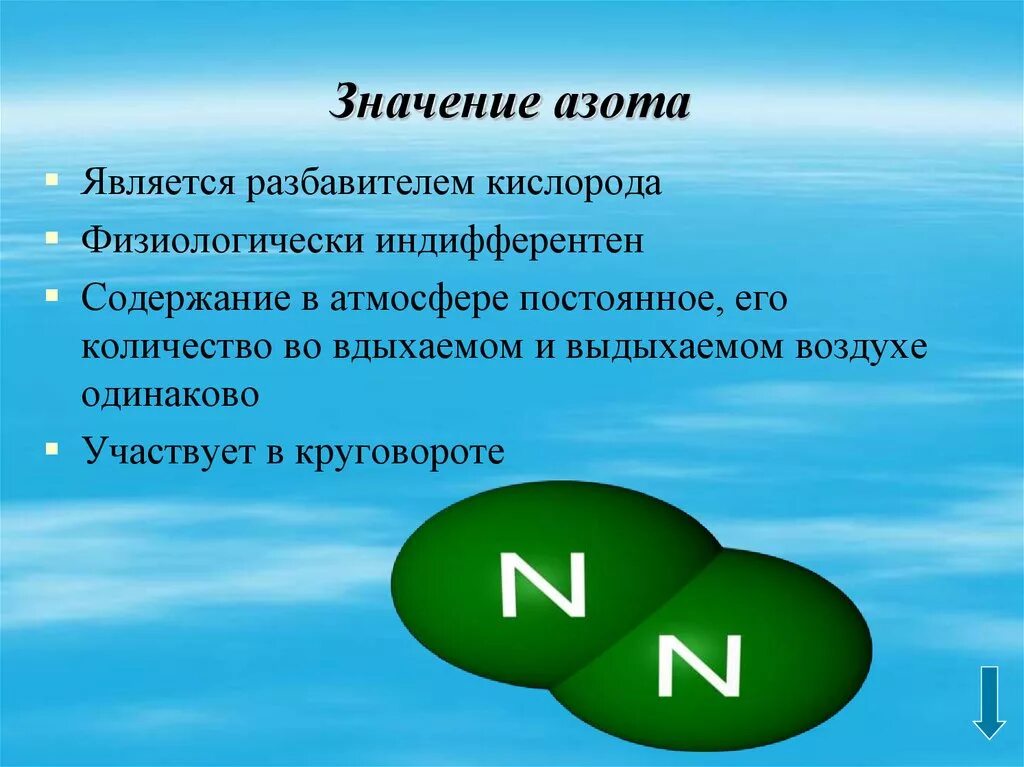 Значение азота. Гигиеническое значение азота. Роль азота в воздухе. Роль азота в процессах жизнедеятельности. Важную роль накопления кислорода в атмосфере играют