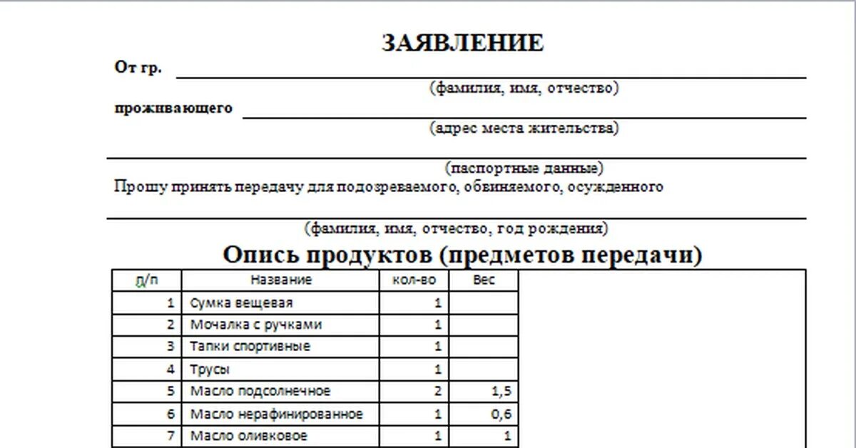 Рогов заявка. Перечень продуктов разрешенных для передачи в СИЗО. Список разрешенных продуктов для передачи в СИЗО. Список передачи в СИЗО образец. Бланк описи передачи в СИЗО 1.