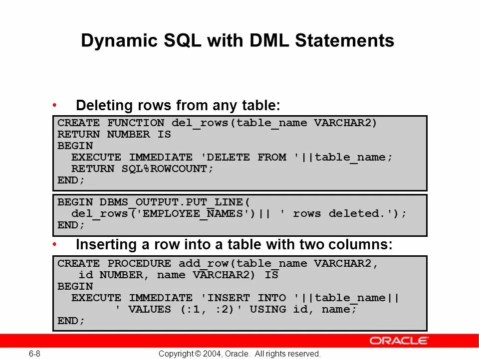 Dynamic name. Like SQL. ROWCOUNT SQL. Функция like SQL. DML функции SQL.
