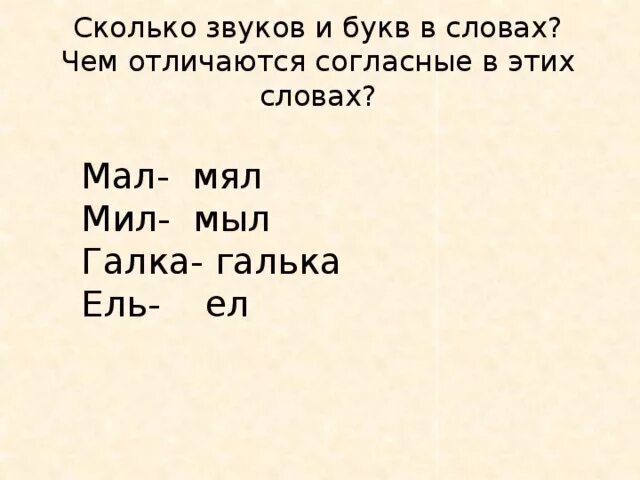 Другой сколько звуков. Каким звуком отличаются слова мал и мял. Галка сколько звуков. Какими звуками различаются слова мал и мял. Сколько звуков в слове Галка.