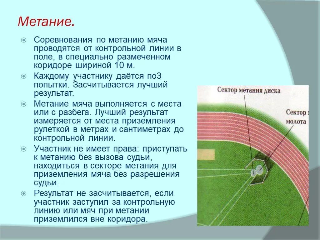 Метание сколько попыток. Правила проведения соревнований по метанию кратко. Правила соревнований в метании мяча. Правила соревнований в метании. Место проведения соревнований по метанию.