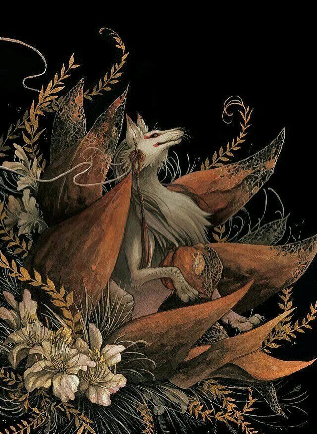 Девятихвостый кицунэ. Кицунэ демон лис. Девятихвостый лис в японской мифологии. Лиса в мифологии. Кицунэ богиня лисица.