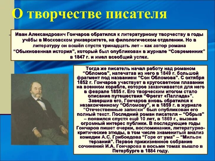 Творческая история произведения. Творчество Гончарова. Творчество Гончарова презентация.