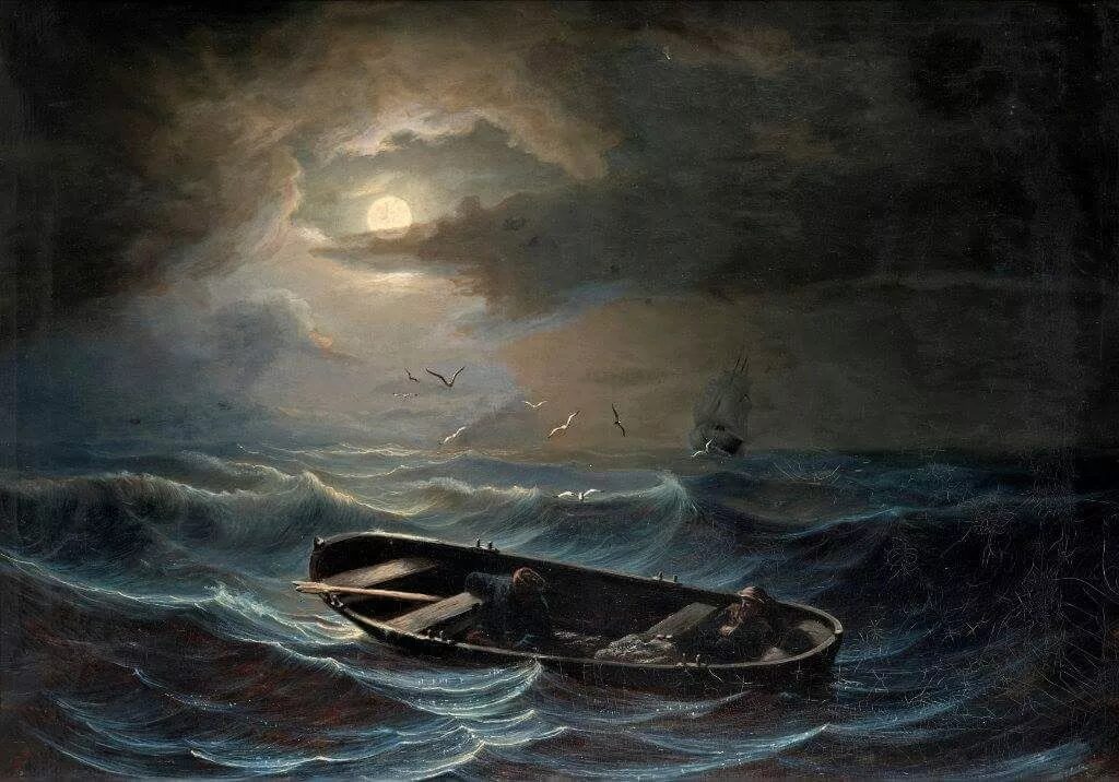 Гневное бурное море раскачивает корабль. Нильс ульссон художник. лодка в бушующем море. лодка в шторм. лодка в бурю.