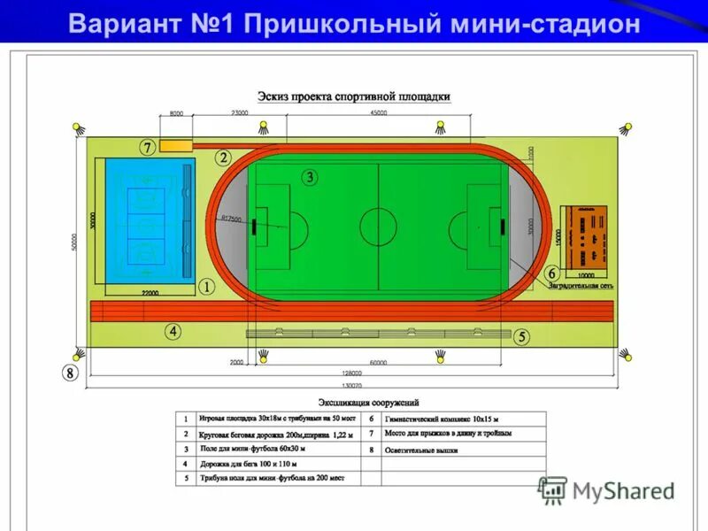 Найди площадь школьного стадиона в квадратных метрах