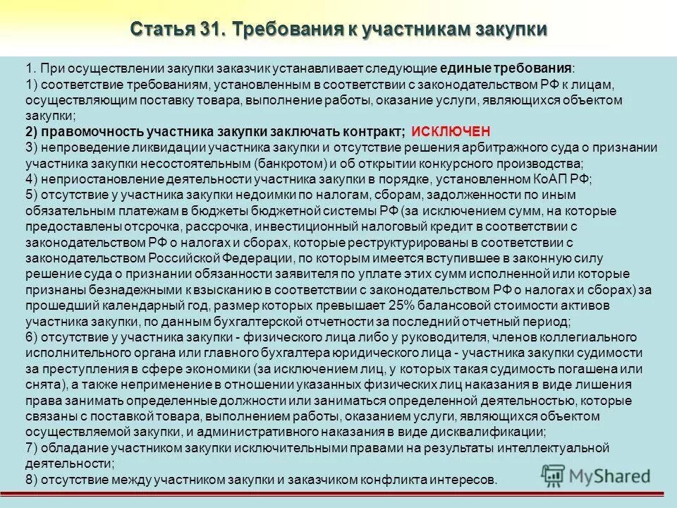 Внесение изменений в закон 44 фз. Требования к участникам закупки. Статья 31 44 ФЗ. Требования к закупщику. Соответствие требованиям.