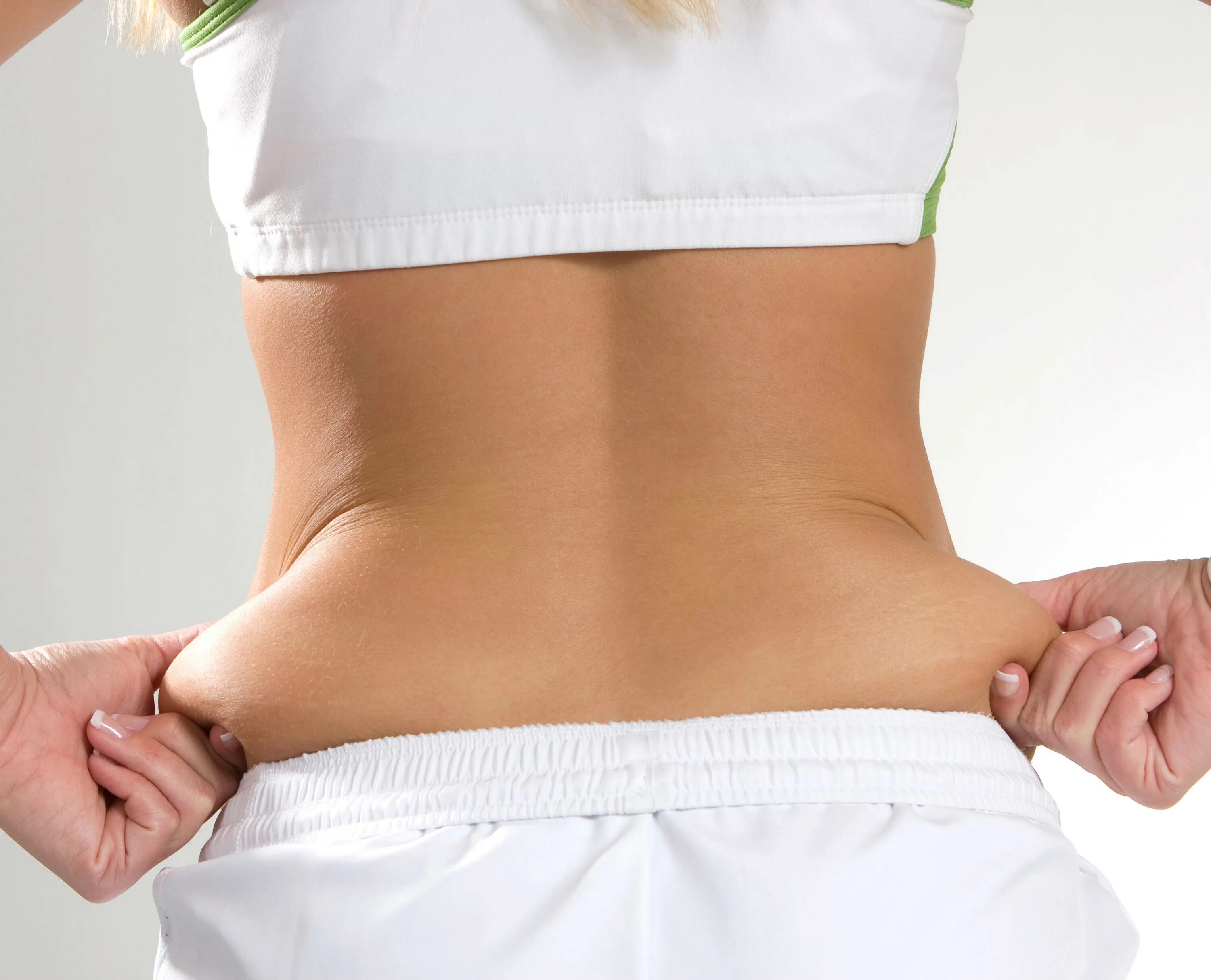 Ямочки на пояснице. Плоский животик. Жирок на боках. Женский живот. Бока у девушки.