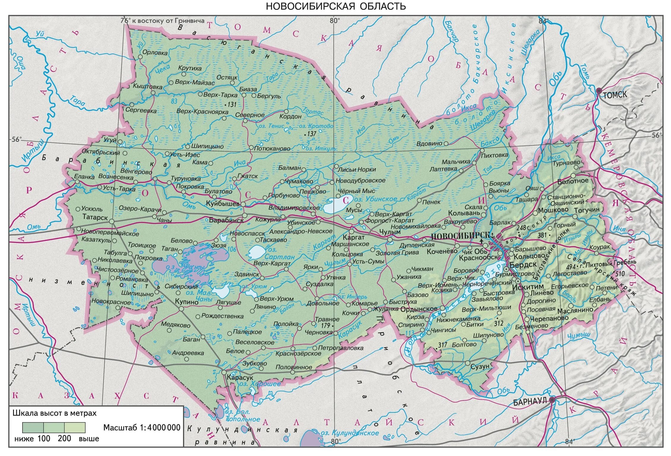 Карта высот новосибирска. Карта Новосибирской обл. Географическая карта Новосибирской области подробная карта. Карта Новосибирской области с дорогами. Карта НСО Новосибирской области с дорогами.