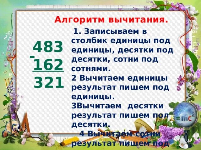 Алгоритм письменного вычитания 3 класс школа России. Алгоритм письменного сложения трехзначных чисел 3 класс школа России. Алгоритм вычитания единицы пишем под единицы десятки под десятки. Алгоритм письменного вычитания трехзначных чисел.