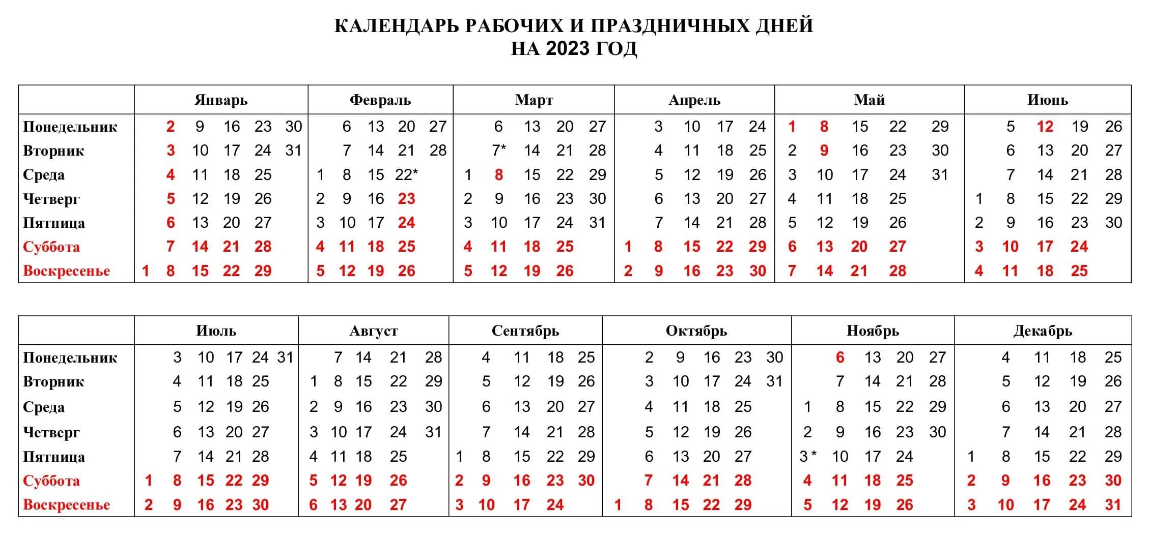 Рабочий календарь праздничных дней на 2023 год