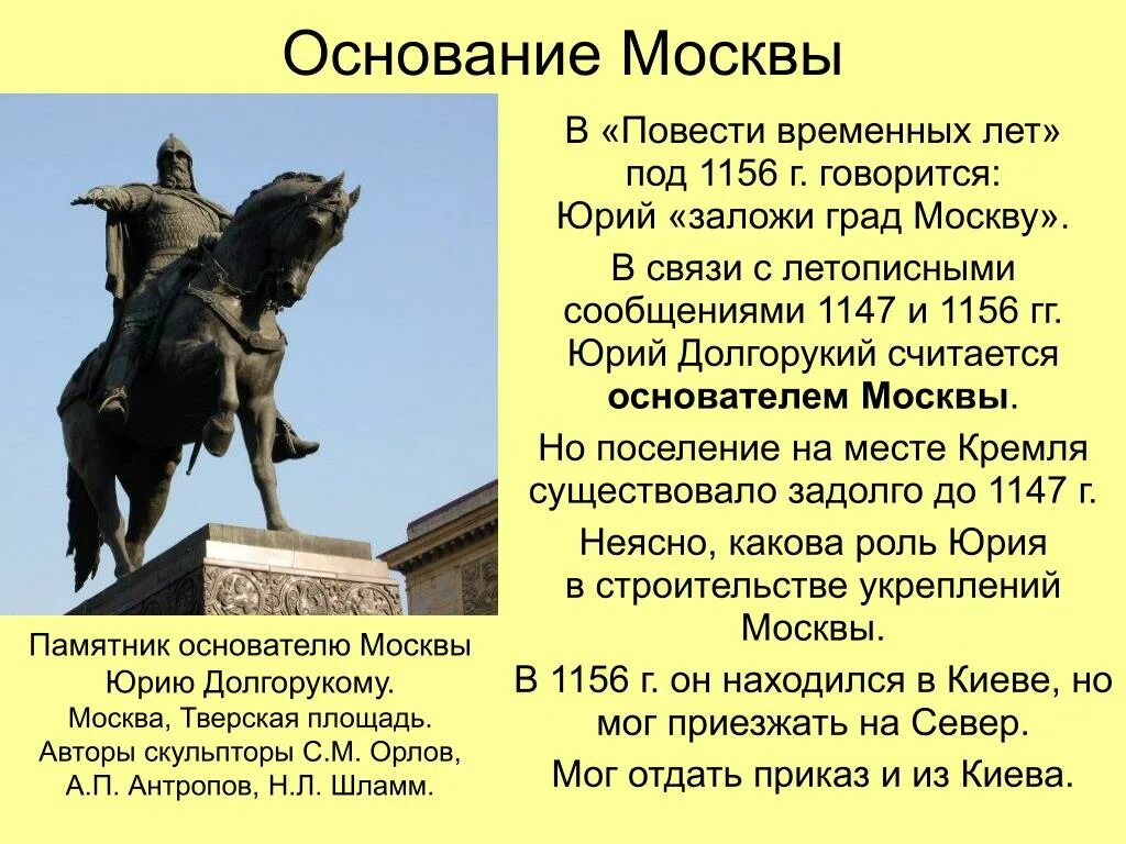 Основание Москвы 1147 Юрием Долгоруким. Образование москвы какой год