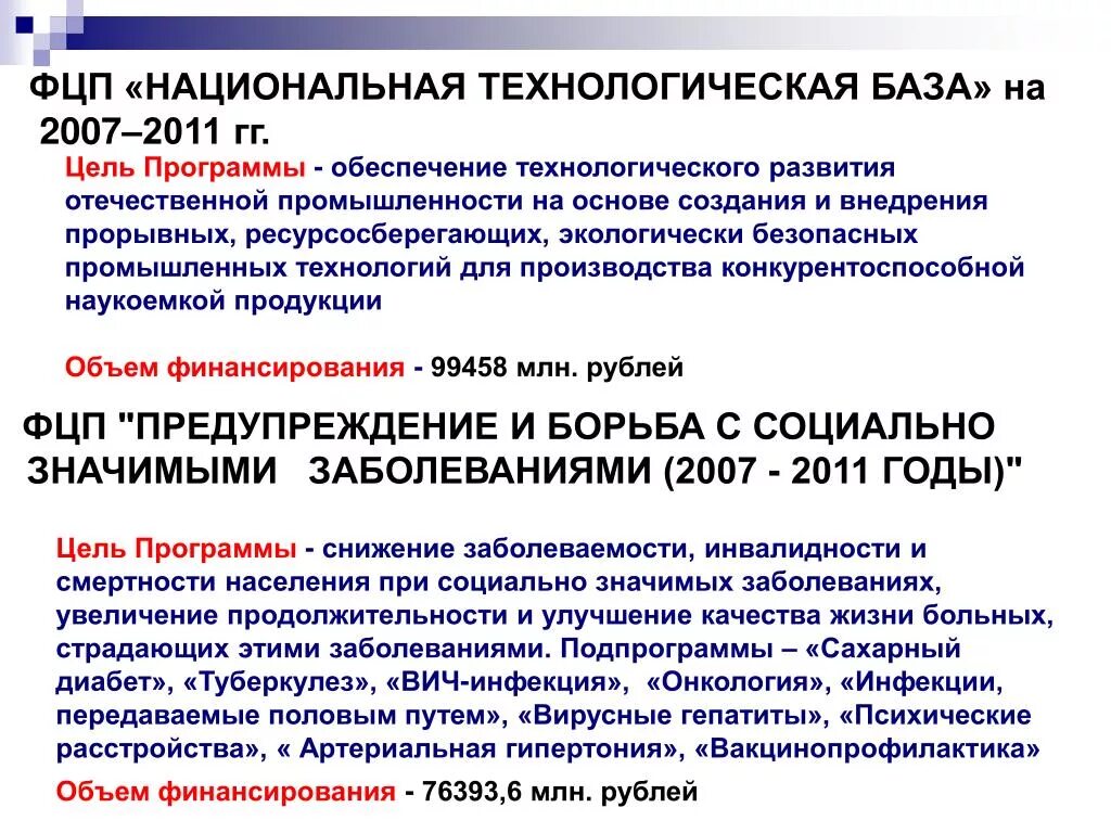 «Национальная технологическая база» на 2007-2011 годы. Целевые программы предупреждения заболеваний государственные. Принципы федеральные целевые программы.