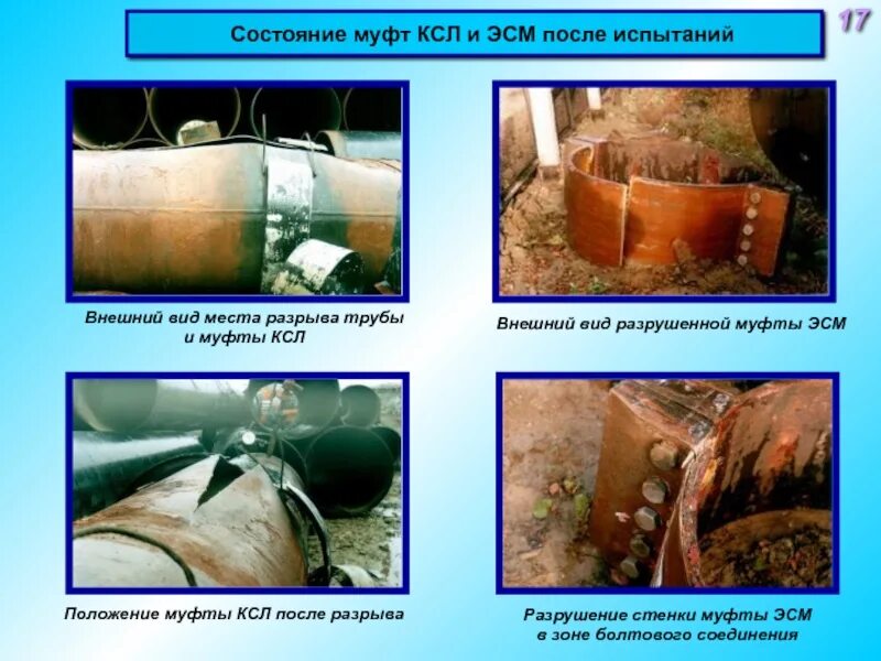 Воду после испытаний. Виды разрушений муфты. Состояние муфт. Разрушение соединительных муфт. Внешний вид муфт.