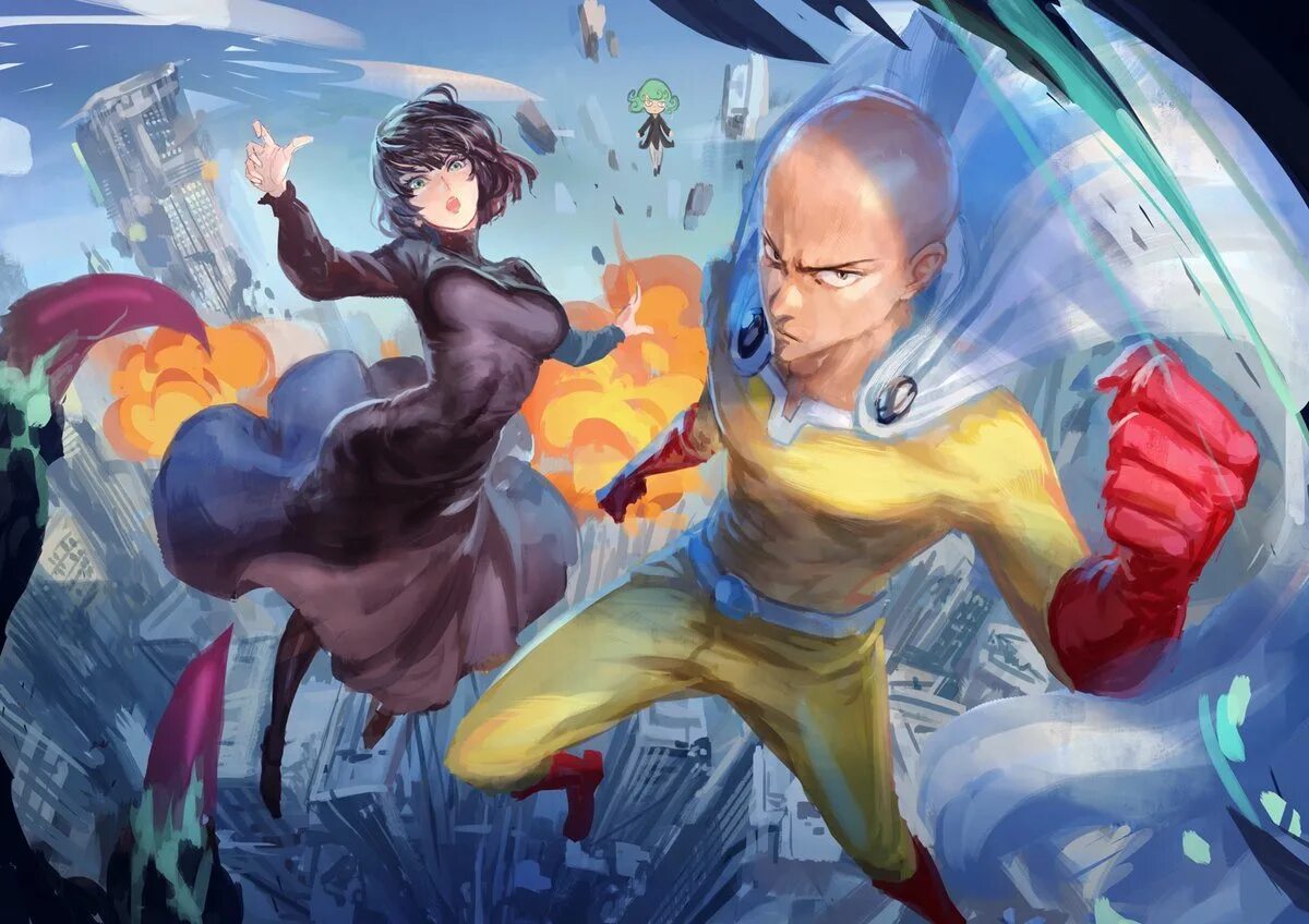 Ванпанчмен анилибрия. Сайтама, Фубуки, Генос и Кинг. Сайтама onepunchman. One Punch man Сайтама и тацумаки.