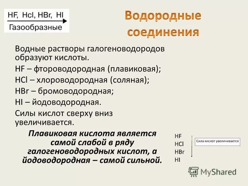 Сильным элементом является. Водородные соединения которых являются кислотами. Плавиковая кислота соляная бромоводородная йодоводородная. Водородные соединения являются кислотами. Наиболее слабой кислотой является бромоводородная йодоводородная.