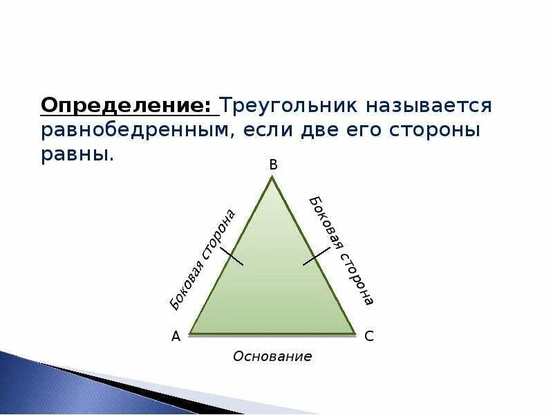 Острый треугольник является равнобедренным. Равнобедренный треугольник. Определение равнобедренного треугольника. Слайд равнобедренных треугольников. Название сторон равнобедренного треугольника.