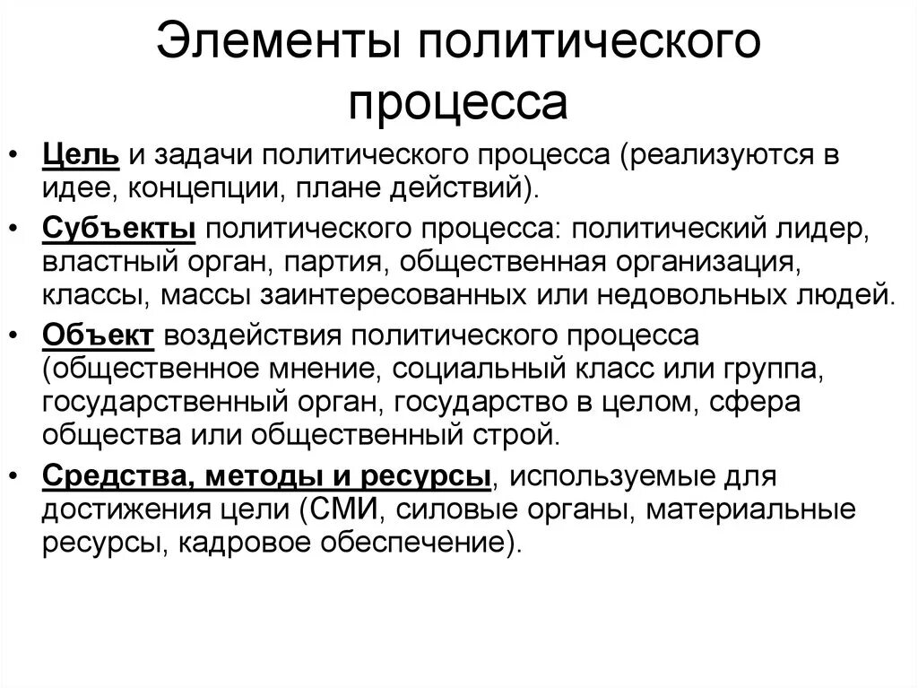 Политические методы в организации. Структурные элементы политического процесса. Основные элементы политического процесса. Цель политического процесса. Задачи субъектов политического процесса.