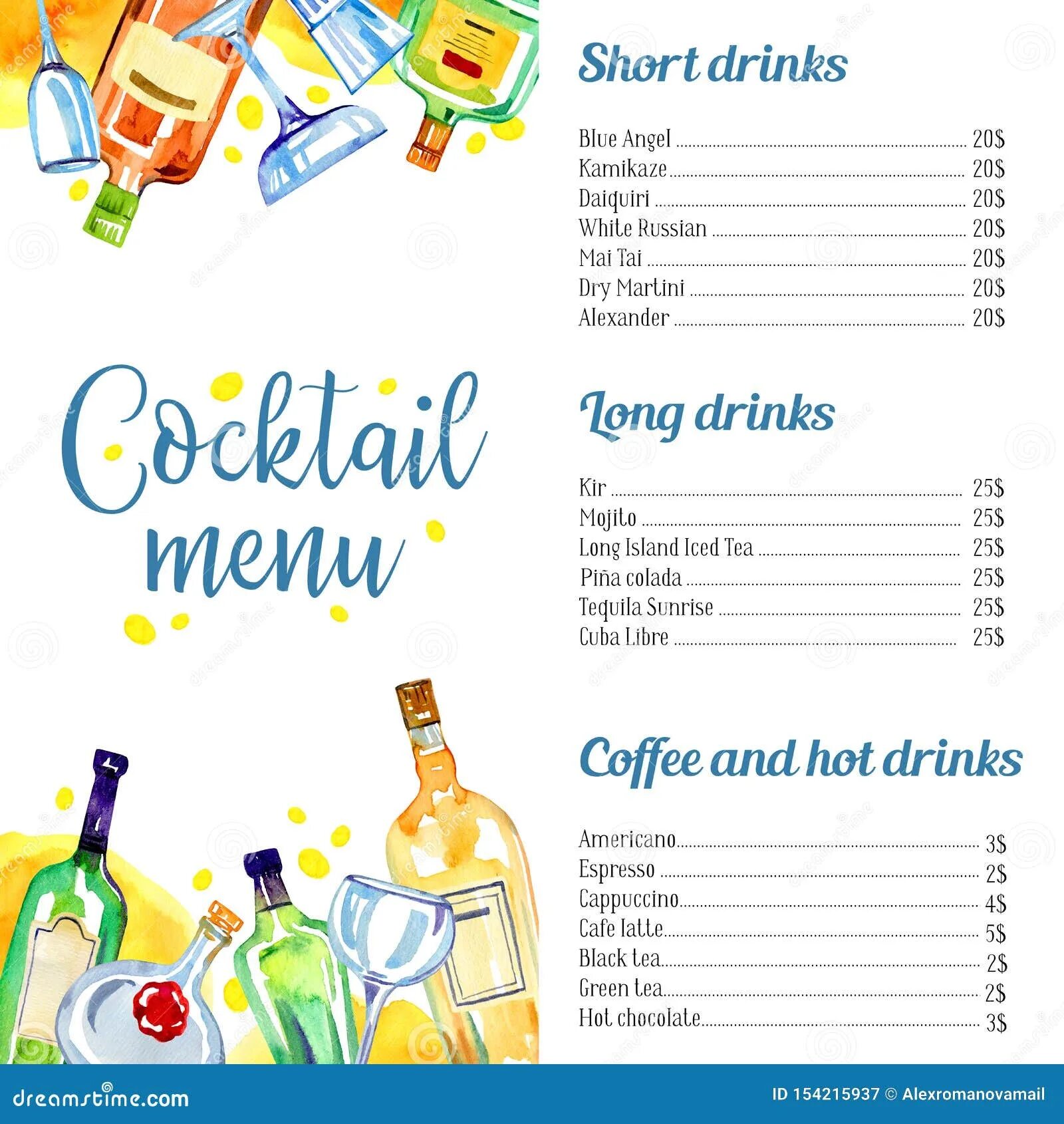 Drinks list. Фон алкоголь светлый для меню. Ту Дринк лист.