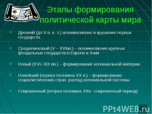 История формирования политической карты региона. Этапы формирования политической карты. Периоды формирования политической карты.