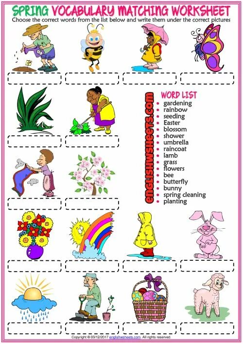 Spring activities Vocabulary for Kids. Spring Vocabulary Worksheet. Spring ESL activities. Spring match