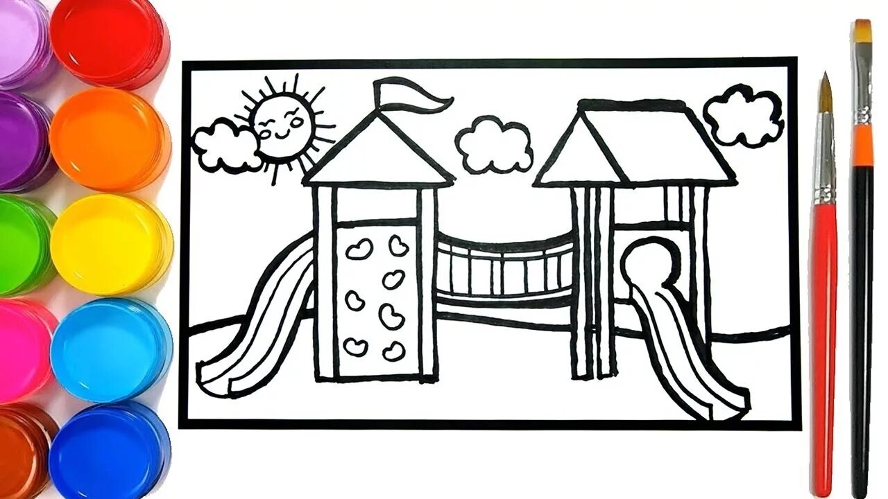 Coloring and learn. Playground to color. playhouse coloring for kids. рисунок на стене детской площадке из мультфильмов. learn colors and draw.