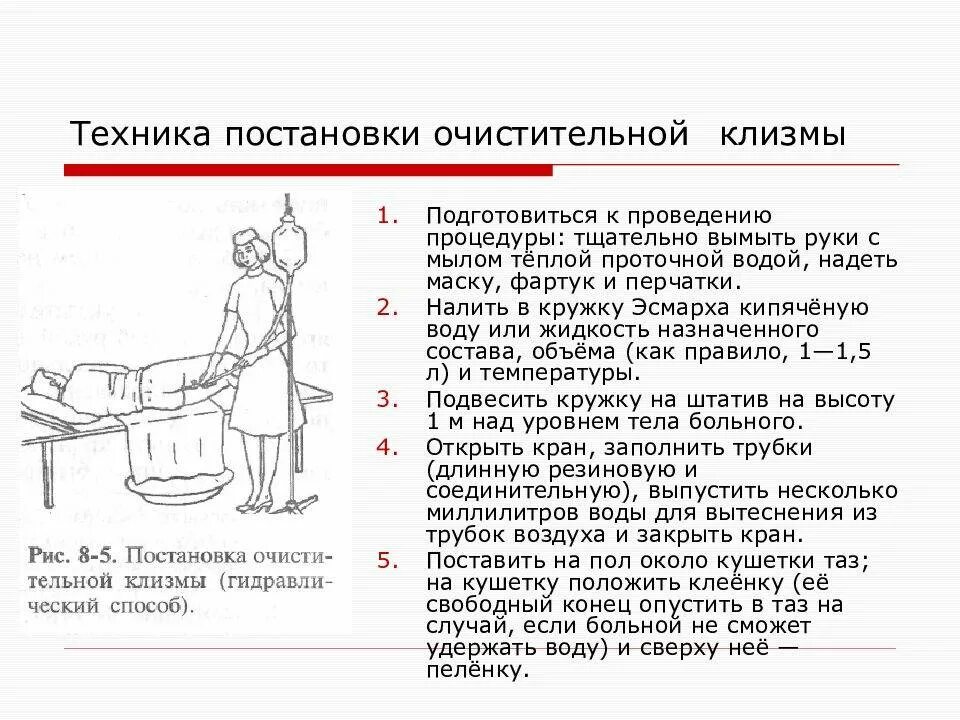 Какой клизмой делают очистительную клизму. Методика постановки очистительной клизмы. Очистительная клизма алгоритм выполнения. Техника выполнения постановки очистительной клизмы. Очистительная клизма детям алгоритм.