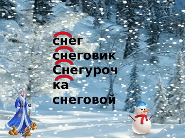 Снег Снегурочка Снеговик снегопад. Родственные слова снежок Снеговик. Корень в словах Снежинка. Снегурочка.Снеговик. Снег снеговик снегурочка