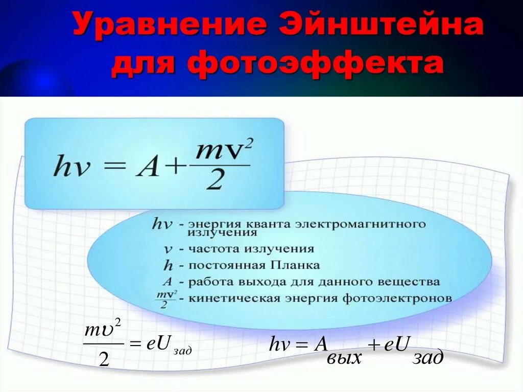Красная граница фотоэффекта формула энергии. Напряжение в фотоэффекте формула. Уравнение Эйнштейна для фотоэффекта. Формула Эйнштейна для фотоэффекта. Как находится работа выхода