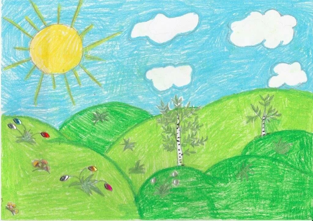 Летний пейзаж для детей. Рисунок лето. Летний рисунок для детей. Рисование на тему природа.