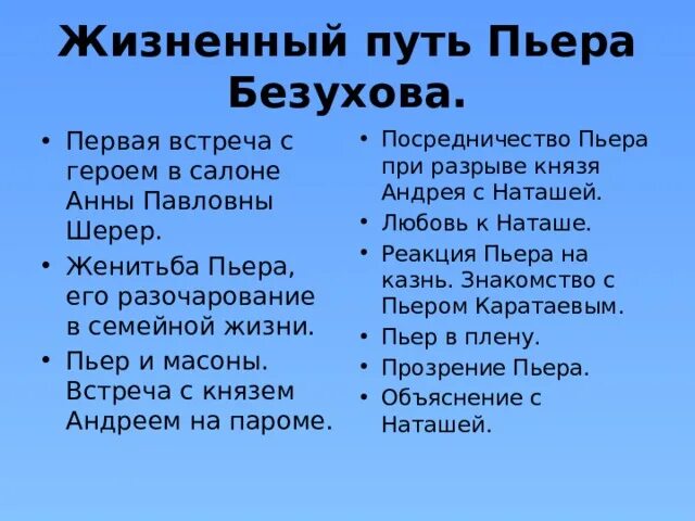 Духовная жизнь пьера безухова. Путь исканий Пьера Безухова схема. Этапы жизни Пьера Безухова. Жизненный путь Пьера Безухо. Жизненные этапы Пьера Безухова.