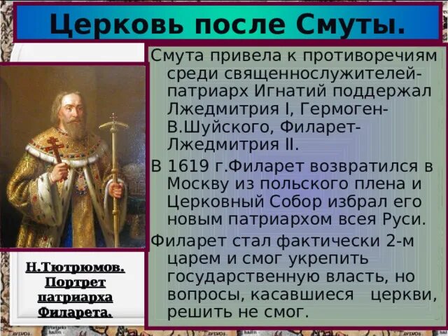 Церковь после смуты кратко 7 класс. Церковь после смуты в 17 веке кратко. Филарет смута. Положение русской православной церкви после смуты. Церковные реформы Патриарха Никона презентация.