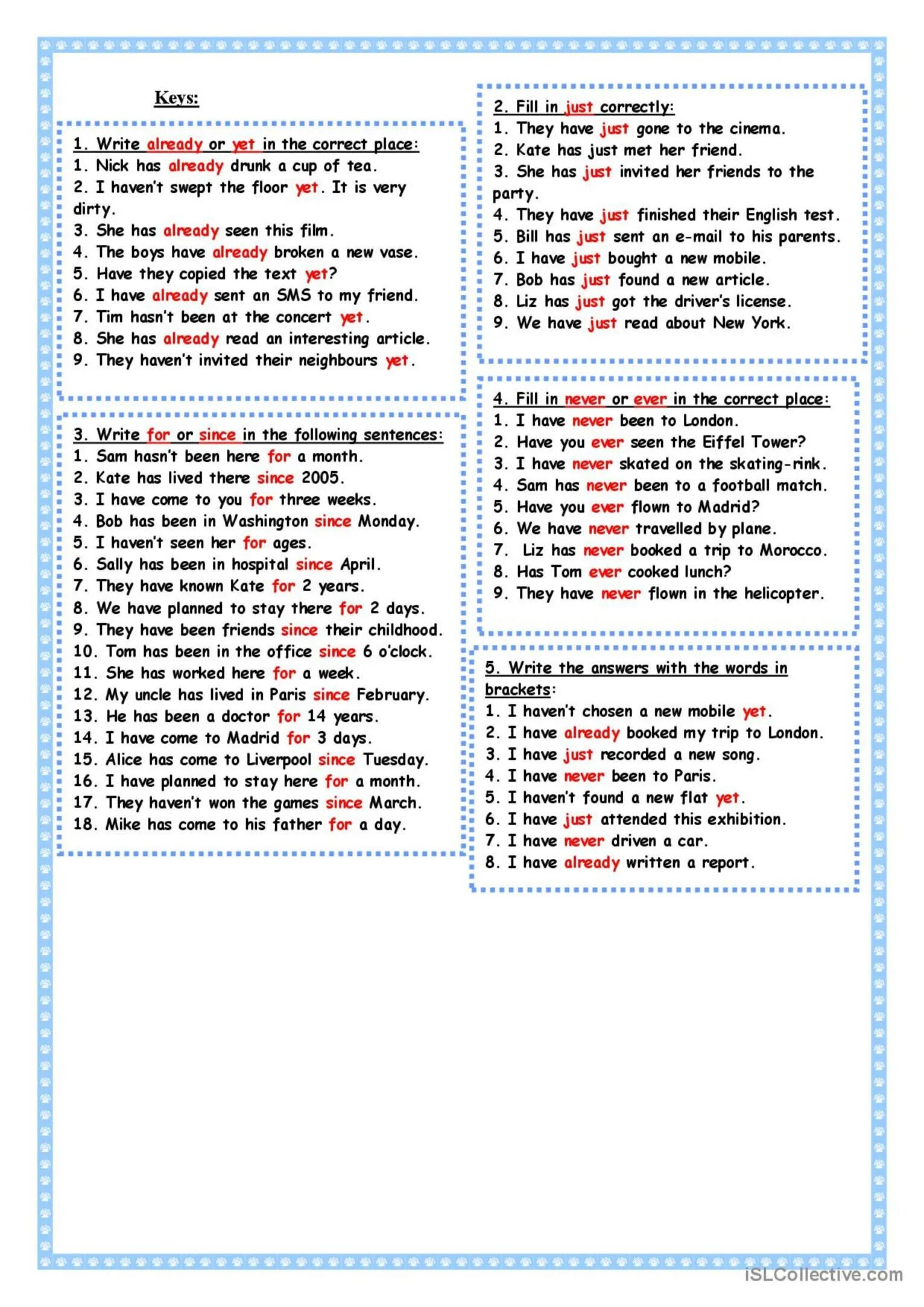 Never never seen since. Present perfect just already yet. Грамматика for since. Present perfect with already just yet ever never for since ответы. Present perfect since for упражнения.