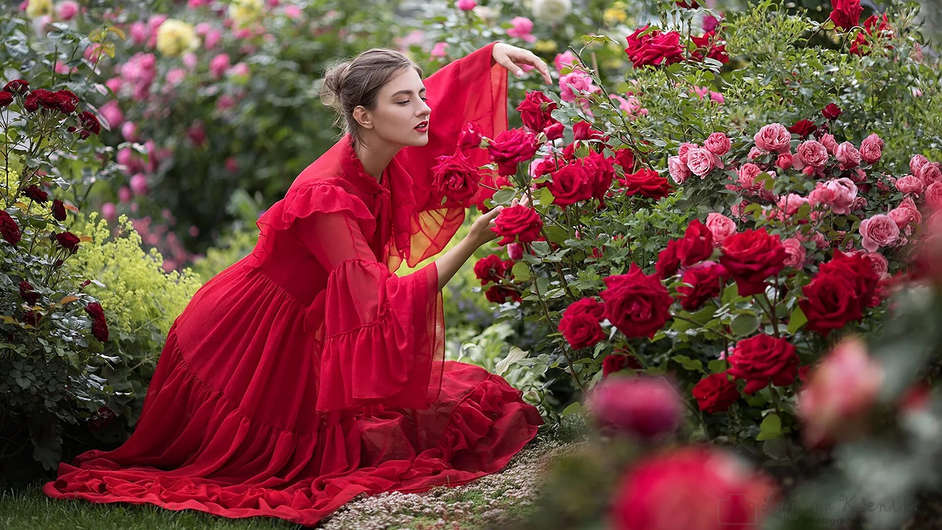 Women is red. Девушка в саду. Девушка с розой. Фотосессия в саду роз. Розы в саду.