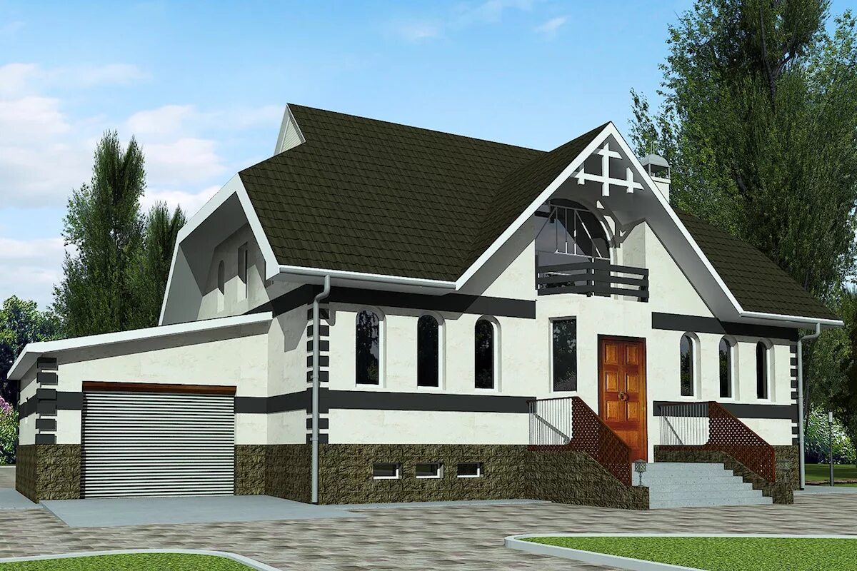проект дома с цоколем. двухэтажный коттедж. дом с цокольным этажом. проект дома с цоколем. дом с мансардой на высоком фундаменте.