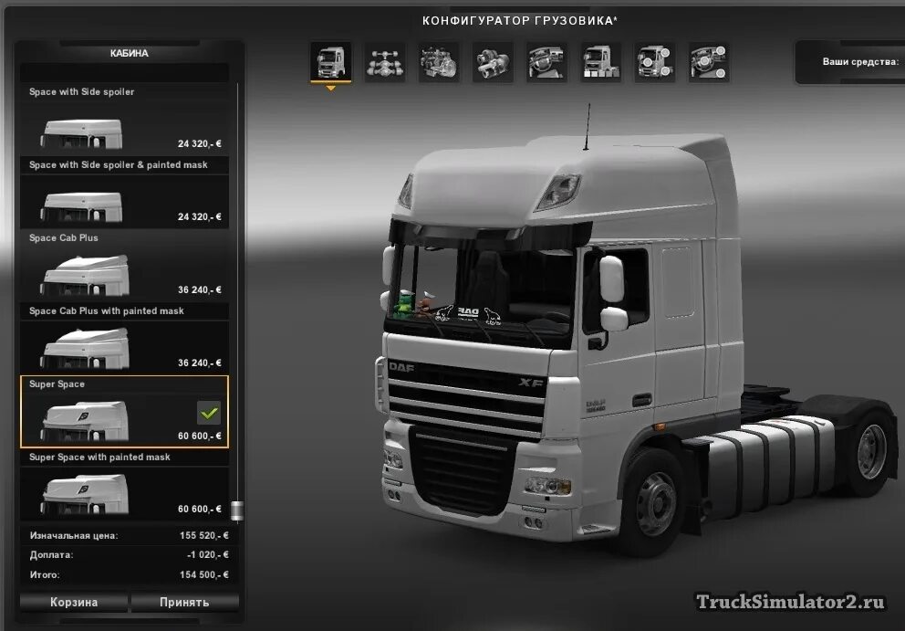 DAF xf105 Space Cab Plus евро трек. Тип кабины super Space ETS 2.