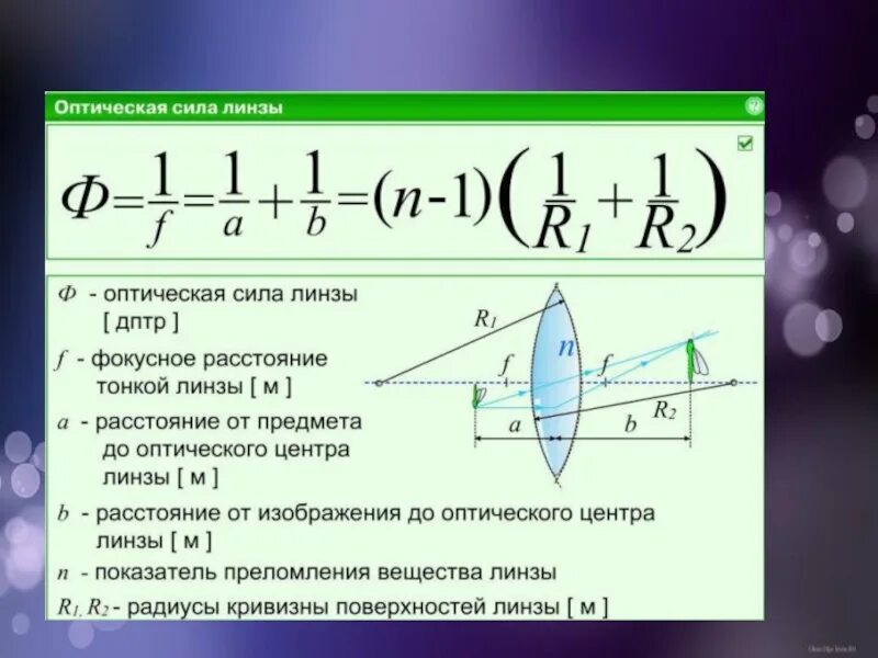 Формулы оптики по физике. Оптическая сила линзы формула 1/. Оптическая система линз формула. Формула оптической силы линзы физика. Оптическая сила тонкой линзы формула.